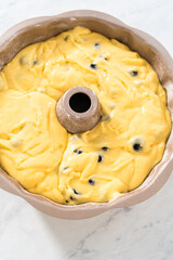 Lemon blueberry bundt cake with powdered sugar dusting