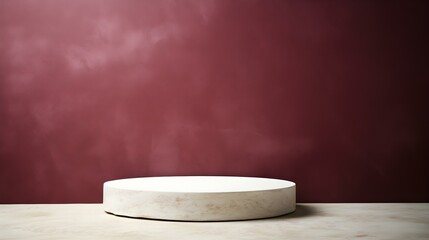 Fototapeta na wymiar Round Stone Podium in front of a burgundy Studio Background. White Pedestal for Product Presentation