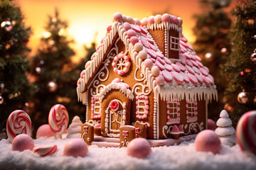 Food, Christmas and New Year holidays concept. Gingerbread house and cookies with Christmas style decorations. Cozy festive mood. Generative AI