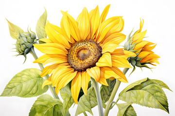 Detailed watercolor sunflower isolated on white background