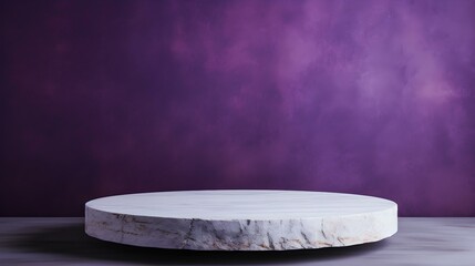 Round Stone Podium in front of a dark purple Studio Background. White Pedestal for Product Presentation