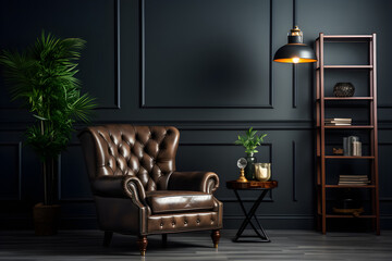 Modern interior design for home office interior details using dark tones, including a single sofa, shelves and potted plants, giving it a luxurious look.
