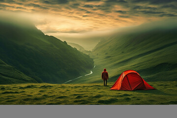 man pitch camping red tent, one person, green morning environments - obrazy, fototapety, plakaty