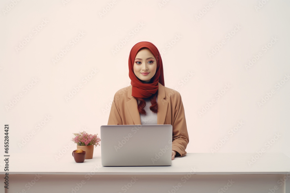 Poster a woman is depicted sitting at a table with a laptop. this image can be used to represent work, tech