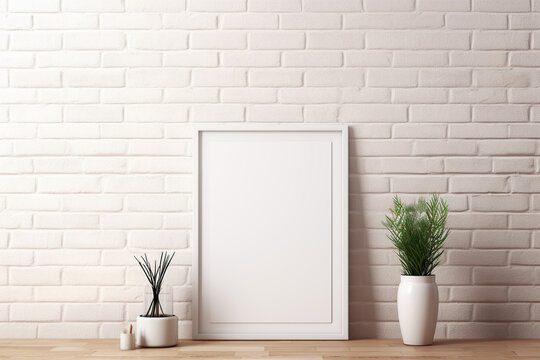 Blank picture vertical frame mockup on a stone white brick wall, boho style, modern, minimalist
