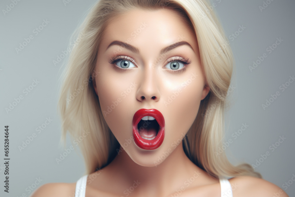 Canvas Prints a woman is making a funny face while showing off her red lip. this image can be used to add humor an