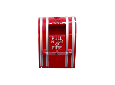 Fire alarm switch box isolated on transparent background with clipping path. Device or tool for pull in case of fire and prevent emergency event and Protect concept. png transparency