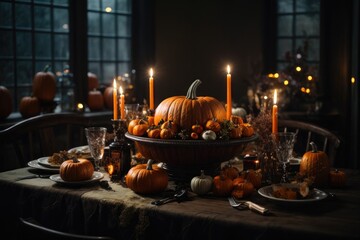 Halloween-Themed Dark Dining Table Setting with Spooky Delicacies, cake, muffin, sweet, stake, AI Generated