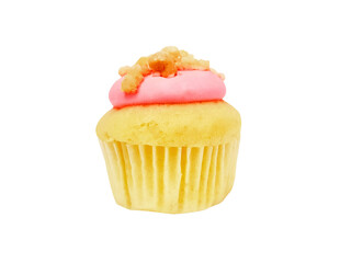 Cupcake with strawberry cream and brown sugar topping isolated on transparent background with clipping path or make selection. Fresh bakery baked. png transparency
