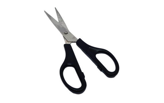Black scissors isolated on transparent background with clipping path. Used tool, Old equipment and Sharp object. png transparency