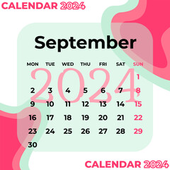 Calendar Template September 2024 Pink Green. Vector illustration design. - obrazy, fototapety, plakaty