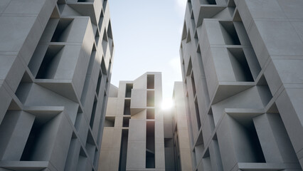 Concrete building with modern design. 3d rendering of abstract architecture with sky background.