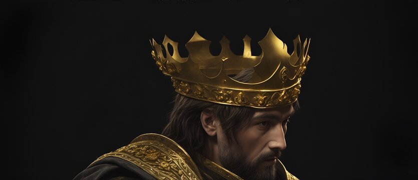 A medieval king with golden shining crown on plain black background from Generative AI