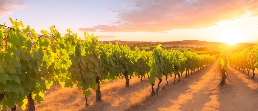 Grape vineyard in sunset from Generative AI