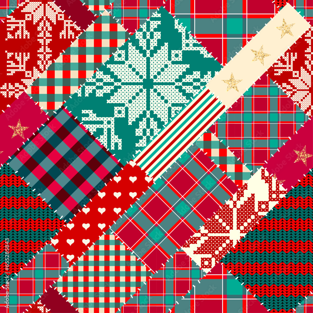 Poster merry christmas patchwork textile pattern. seamless quilting design background.