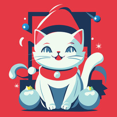 A cat in Christmas Day with bell background, pet in Christmas Day, new year festival, decorations for celebration, white cat.