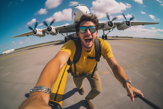 A man taking a selfie with a plane behind him.