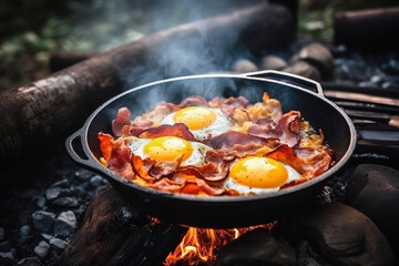 Camping breakfast with bacon and eggs in a cast iron skillet. Fried eggs with bacon in a pan in the forest. Food at the camp. Scrambled eggs with bacon on fire. Picnic