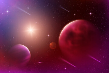 realistic background of the outer space with a planet and sun in the illustrated background 