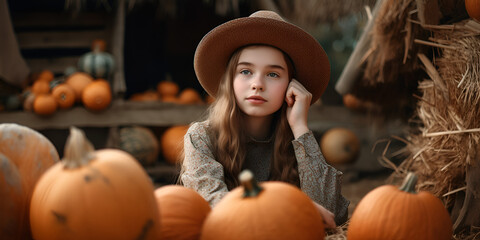 a girl on a farm in autumn in a hat collects pumpkins