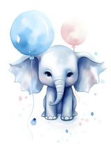 A cute blue little elephant with balloons. Transparent background watercolor clipart.