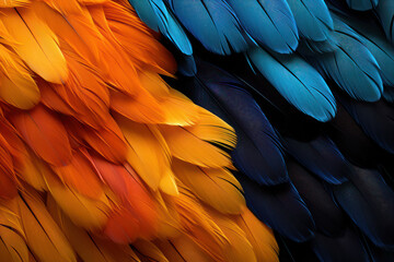 Fototapeta premium Beautiful colorful background of toucan feathers, backdrop of exotic tropical bird feathers