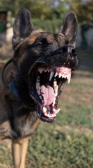 Beautiful angry Aggressive dog Belgian Shepherd Malinois grab criminal's clothes. Service dog...
