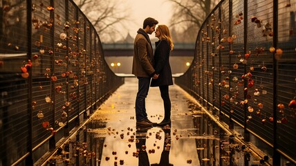 Couple's Reflection in the Water as They Stand on a Bridge with Love Locks on Valentine's Day. - obrazy, fototapety, plakaty