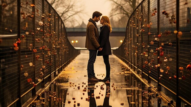 Couple's Reflection in the Water as They Stand on a Bridge with Love Locks on Valentine's Day.