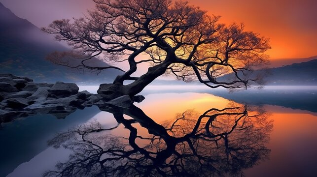 Generative AI image of a tree is reflected on the water at sunset
