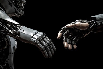 Fototapeta na wymiar Artificial intelligence. Future technology and communication concept - robot and human hand connecting fingers on a black background