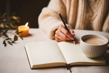 Intimate moment writing resolutions in journal background with empty space for text 