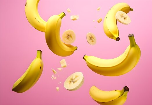 Colorful banana fruits levitation, trendy, fresh juicy splashing  yellow bananas background isolated on pastel modern pink color background. From top view, banner, healthy