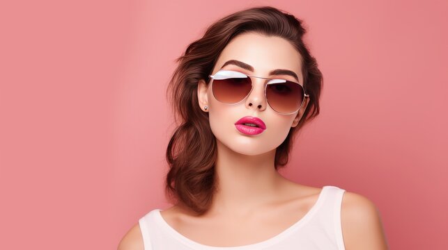 Generative AI image of a Photo of cute nice impressed girl hand touch sunglass pouted lips look empty space isolated on pink color background