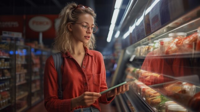 Generative AI image of a Photo realistic of A woman comparing products in a grocery store, considering nutrition, prices, and ingredients, demonstrating informed consumer behavior