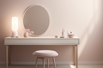 The dressing room has a mirror and a table. Simple, clean design, light colors, minimalist style