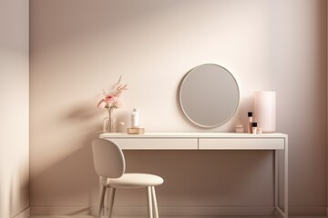 The dressing room has a mirror and a table. Simple, clean design, light colors, minimalist style - obrazy, fototapety, plakaty