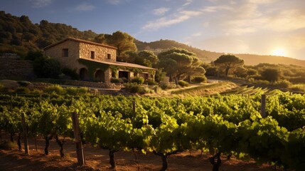 Naklejka premium A sun-kissed vineyard with rows of lush grapevines and a rustic stone farmhouse in the distance