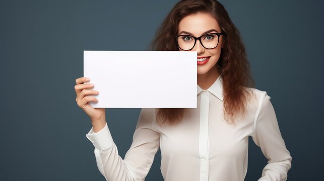 Generative AI image of a beautiful woman stock photo model holding a blank white piece of blank picture frame with both hands, smart dressed, looking upwards with a smile