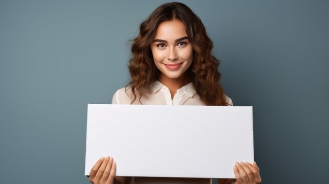 Generative AI image of a beautiful woman stock photo model holding a blank white piece of blank picture frame with both hands, smart dressed, looking upwards with a smile