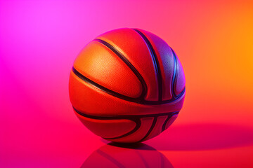 Fototapeta premium Basketball ball with glowing lines on colorful purple and pink neon light background. Futuristic sport concept. Ball for playing basketball isolated on colored background. Active sports banner