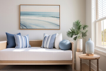 A beachy coastal guest bedroom, with a white daybed, blue and white striped bedding, and beach wall art