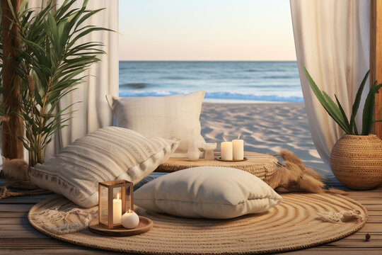 A beachy coastal meditation corner, featuring a rattan meditation cushion, a driftwood altar, and ocean sounds