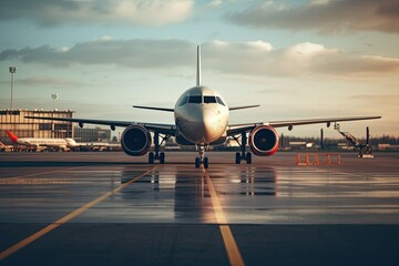 The picture above shows an airplane parked at the airport apron - obrazy, fototapety, plakaty