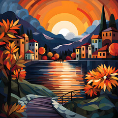 landscape with houses at sunset, cartoon paintings, pop art