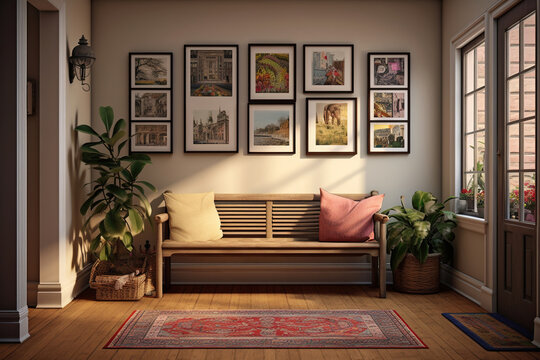 A living room area featuring a mix of framed art, family photos, and paintings, as well as a wooden bench adorned with colorful throw pillows, in a bohemian modern interior design.