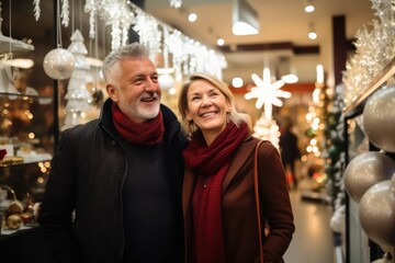 Happy Caucasian looking middle aged couple goes shopping in a decorated store for the new year