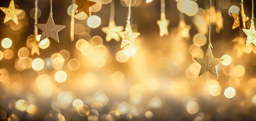Christmas glowing Golden Background. Gold Christmas stars on a dark blue background. Holiday 2024...