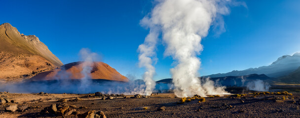 El Tatio Geyser Field at 4512m (14765ft) high in Andes Mountains in the Atacama Desert, northern Chile. They are most active just before dawn when the air temperature can be as low as -15C. © mrallen