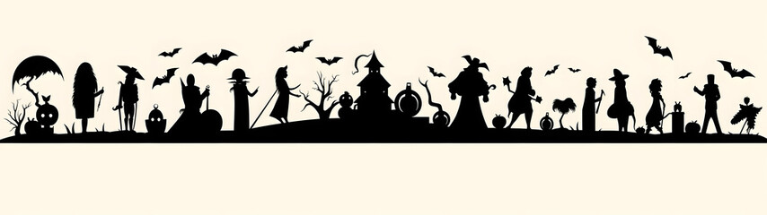 Haunting Silhouettes: Halloween Black Icons and Characters Isolated on a Pale Background